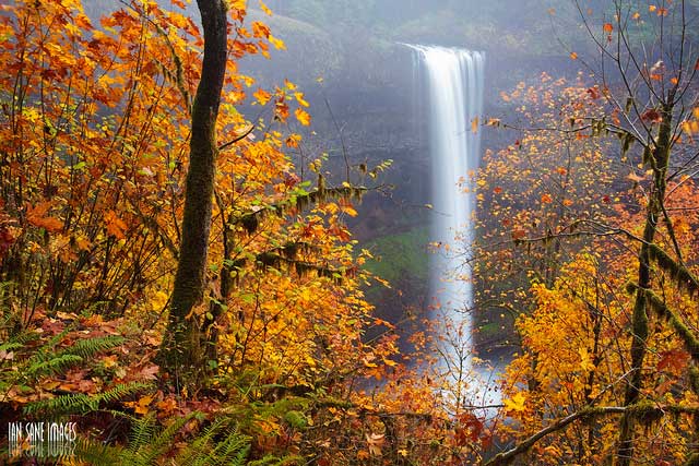 Autumn landscape with a waterfall in the background