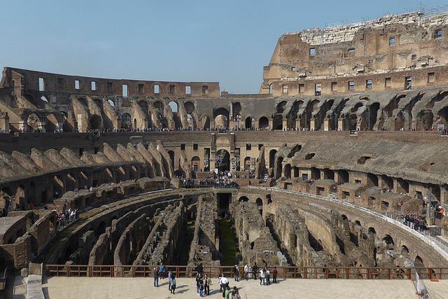 The inside of the Colosseum in Rome, Italy