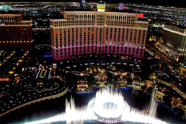 Night view of the Bellagio hotel and the fountains from above, from the Las Vegas Eiffel Tower