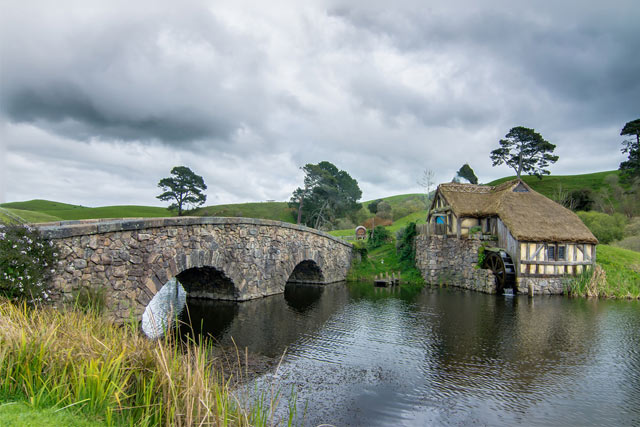 Hobbiton mill and double-arched bridge